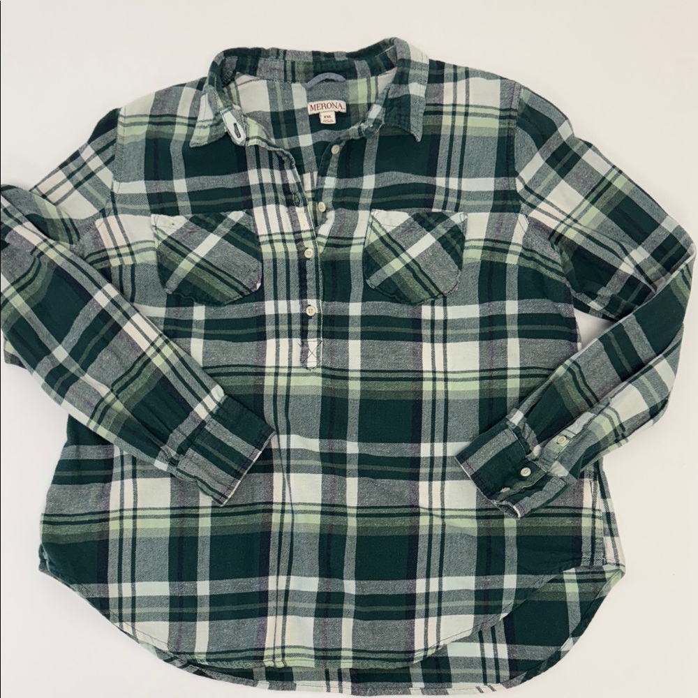 Merona Dark Green and Cream Plaid Button-Up Shirt